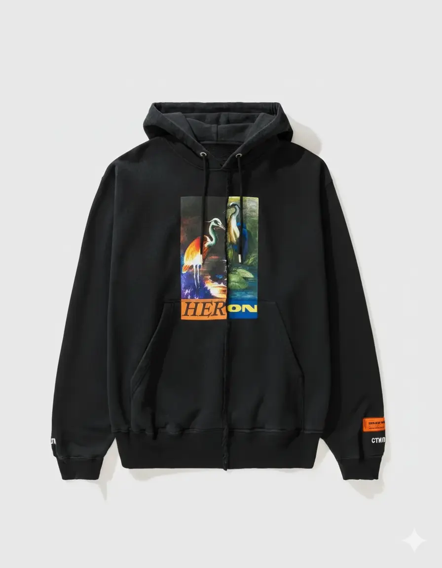 Streetwear hoodie inspired by BAPE and Heron Preston style