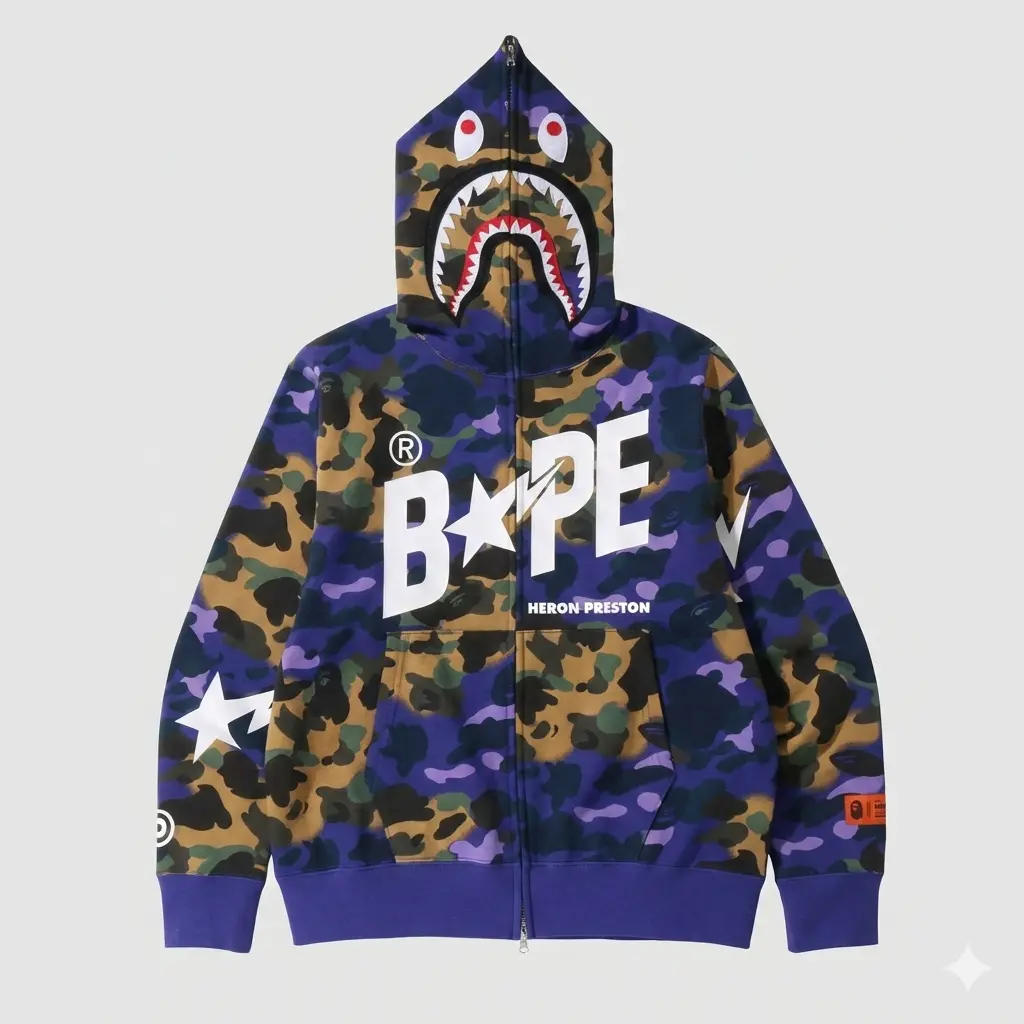 Bape hoodie inspired by Heron Preston streetwear style